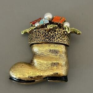 Signed ART Gold Tone Christmas Boot With Gifts Faux Pearls Brooch Pin Vintage